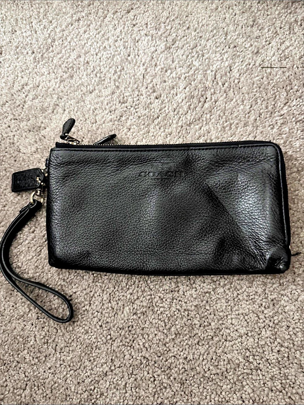 Coach Double Zip Wristlet in Refined Pebble Leather Black